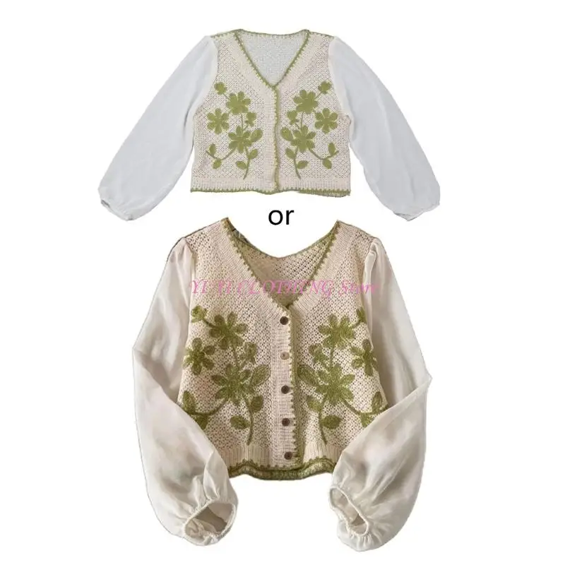 N5KF Women Cropped Cardigan French Bubble Long Sleeve Button Cover Up for Jacket Summer Crochet Floral Loose Outwear Co