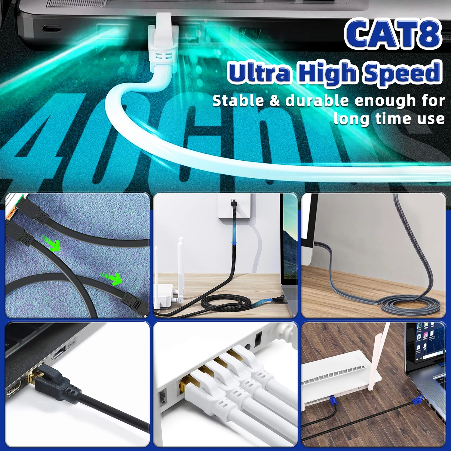 Nylon Braided Cat8 Ethernet Cable 40Gbps 2000MHz High-Speed RJ45 Network Cord for PS5 Laptops Routers Low Cat8 Cable Ethernet