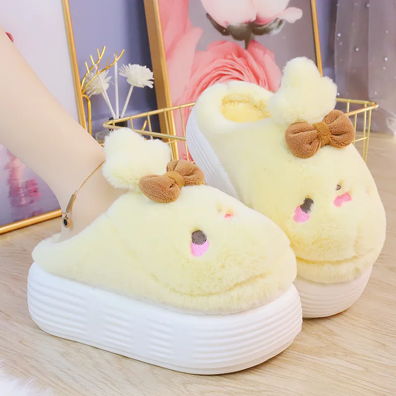 2022 Winter New Furry Chick Cotton Slippers Women\'s Home Cotton Slippers Cartoon Cute Thick-soled High-heeled Fur Slippers