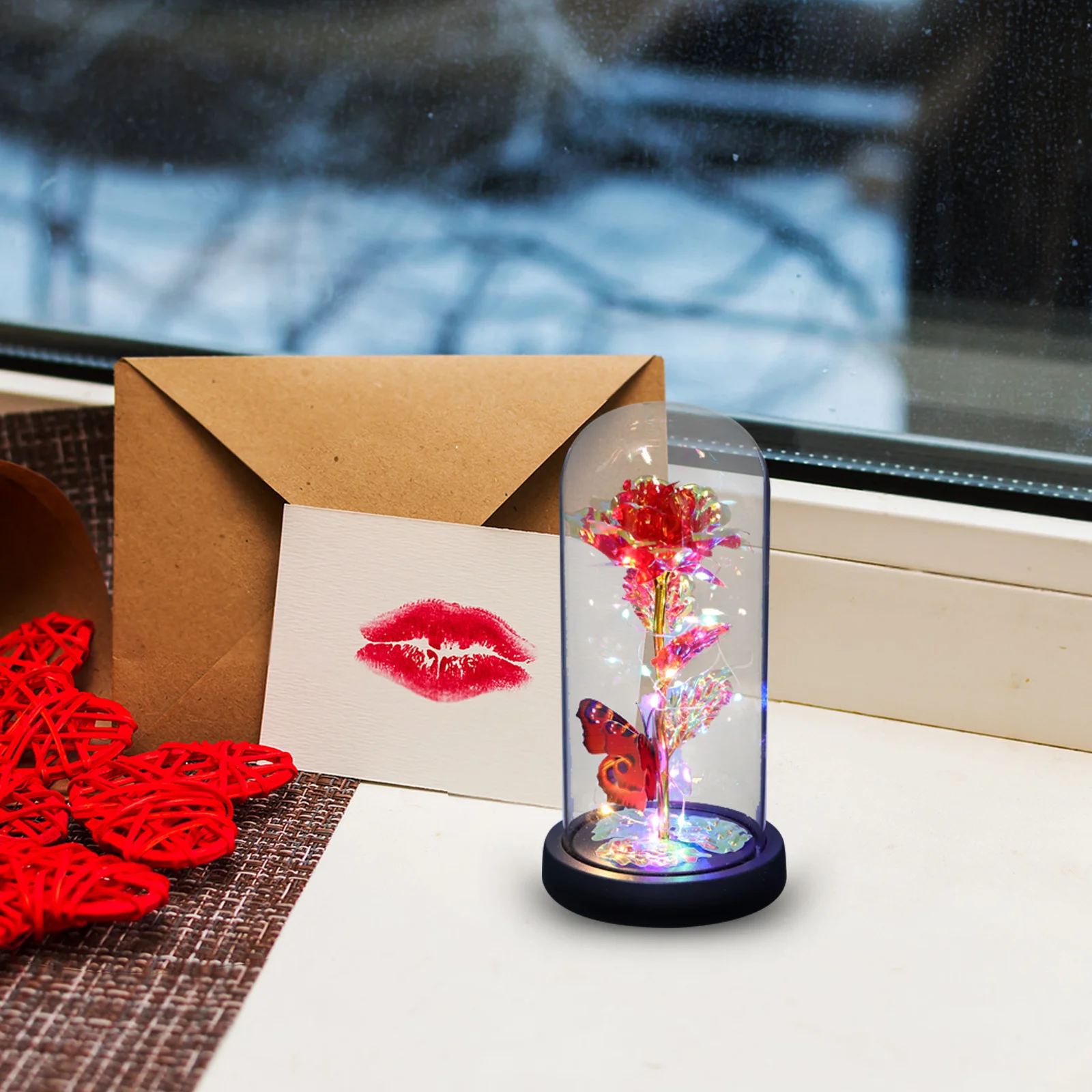 

Glass Dome Bright Color Preserved Flower Lamp Romantic Desktop Decoration Valentines Day Present