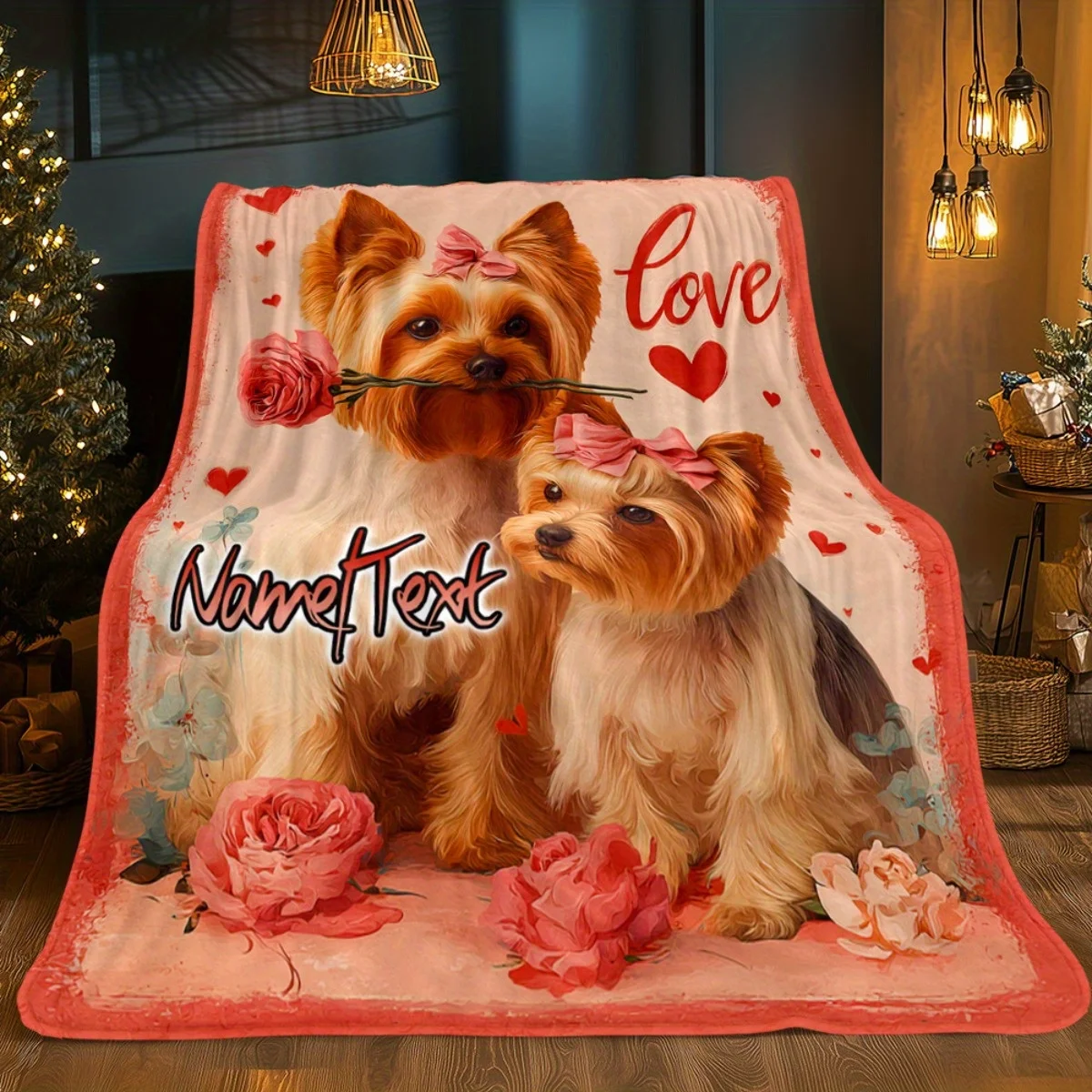 Custom name two puppy flannel blanket, suitable for sofa, bed, birthday, children, friends, gifts