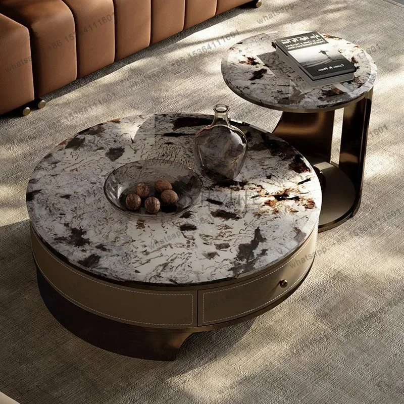YJ New Luxury Marble Coffee Table Set, Round Stone Side Table for Living Room, Modern Minimalist Center Table