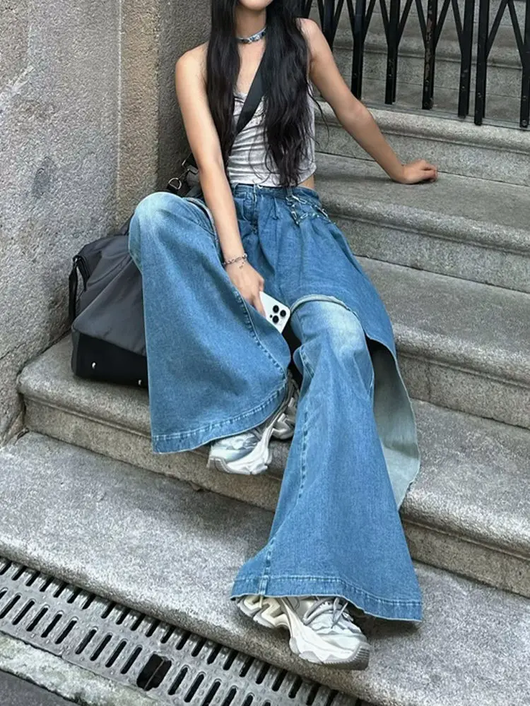Hot Girl Design Is Irregular and Fashionable Spliced Jeans for Women 2024 Autumn and Winter New Fake Two-piece Flared Pants