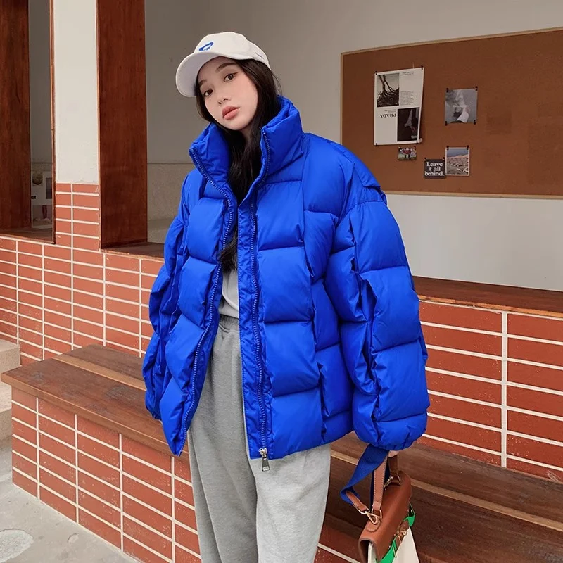 Winter Women Fashion Weave Short Cotton Parka Coat Loose Casual Stand Collar Long Sleeve Cotton-Padded Coat Blue Green Black