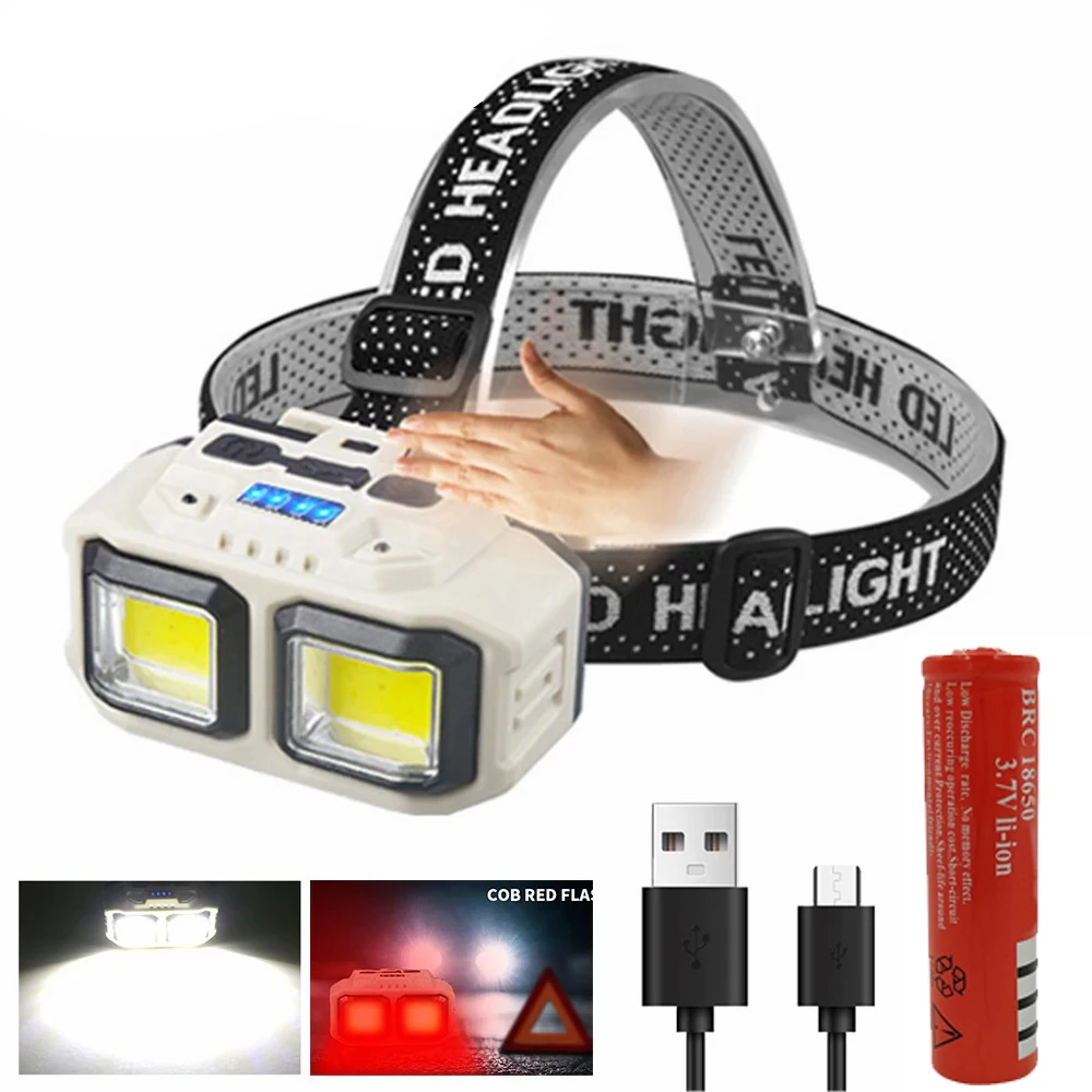 

E2 COB Sensor Headlamp LED Flashlight Headlight USB Rechargeable 18650 Head Light Camping Fishing Mining Light Camp Lamp Torch