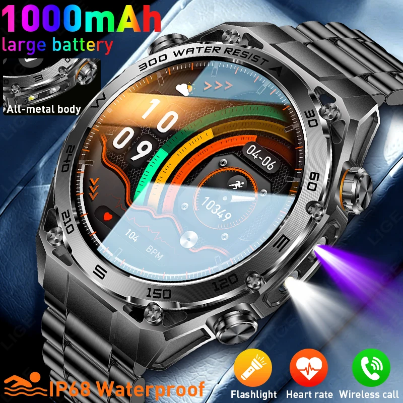

LIGE New Military 1000mAh Battery Metal Casing Smart Watch 5ATM Waterproof Flashlight Heart Rate Sports Tracker Men's Smartwatch