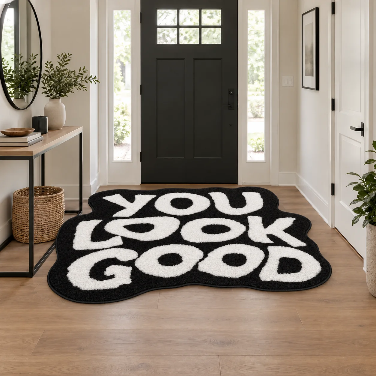 You Look Good Shaped Floor Mat, Black White Flannel Typography Rug For Bedroom Entryway Living Room, Non Slip Home Decor Gift