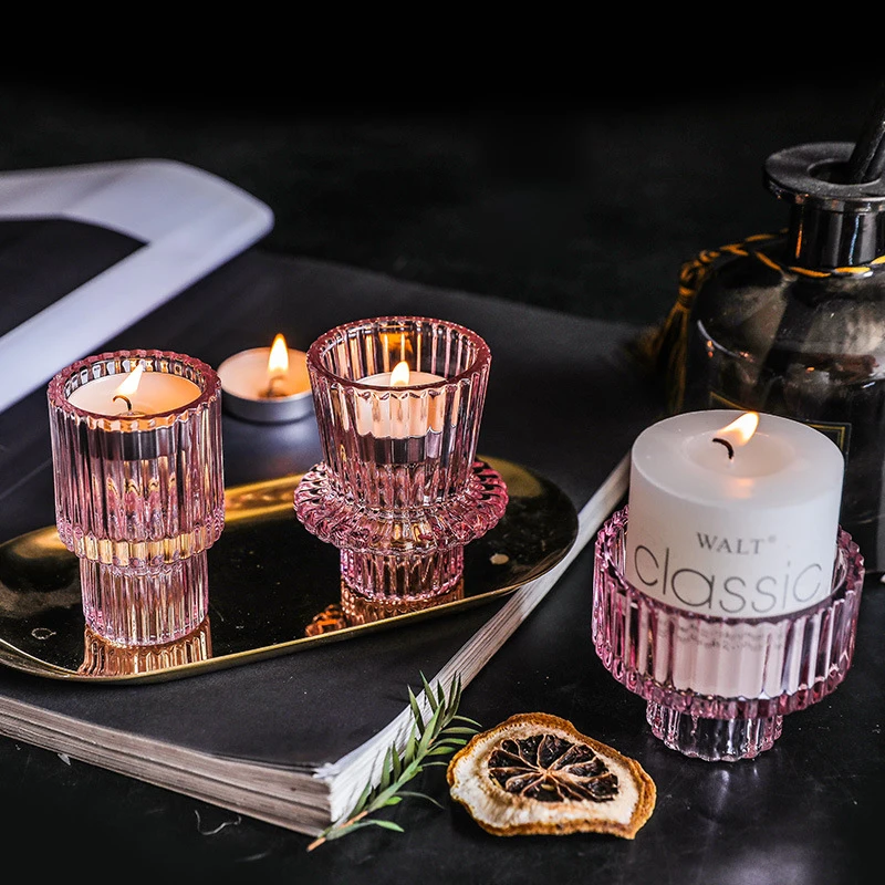 Nordic Glass Candlestick Pink Candles Holders Table Candle Stand Tealight Candlestick Romantic Wedding Party Home Decoration