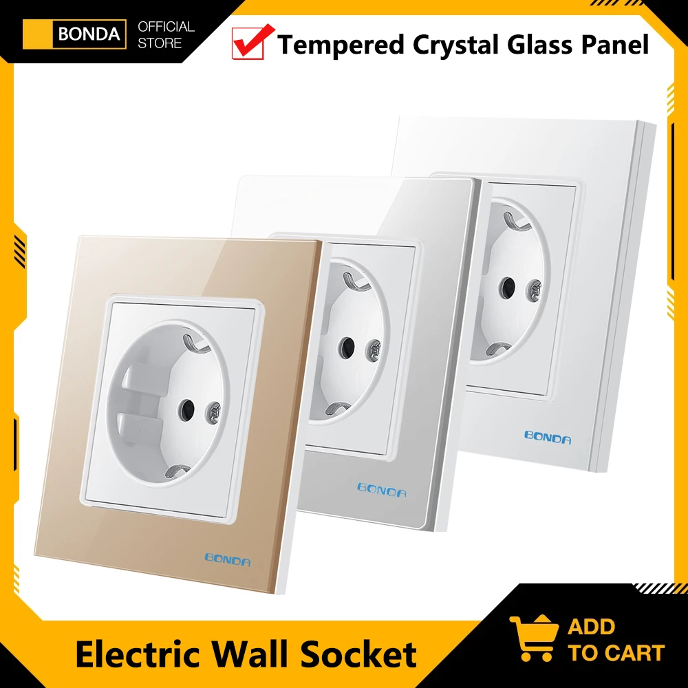 BONDA Wall Socket EU Russia Charging 5V 2A  Electric Socket Tempered Crystal Glass Panel 16A Electrical Outlet Home Improvement