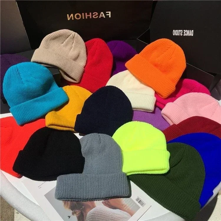 Men Women Winter Autumn Solid Color Warm Woolen Knitted Cap Fluorescent Cuffed Beanie Hat Female Caps Warmer Bonnet Casual Cap