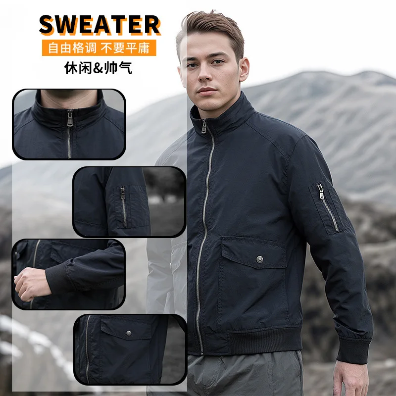 

Мужские хлопковые легкие куртки с несколькими карманами на молнии спереди и воротником-стойкой, ветровка-карго, военные куртки-бомберы, пальто