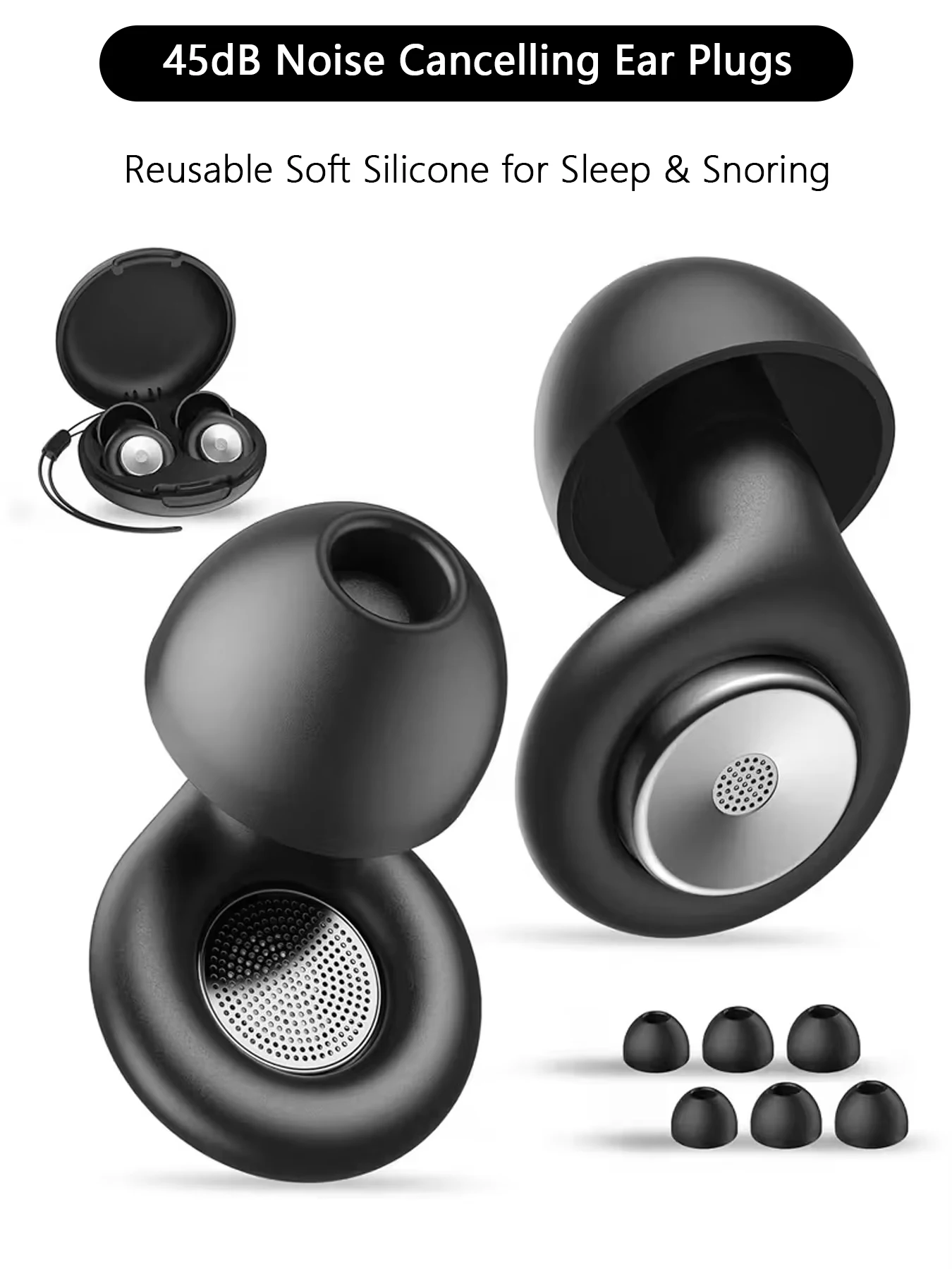 

Reusable 45dB Noise Reduction Ear Plugs, Soft Silicone Sleep Earplugs for Snoring, with Storage Case & Multiple Eartips