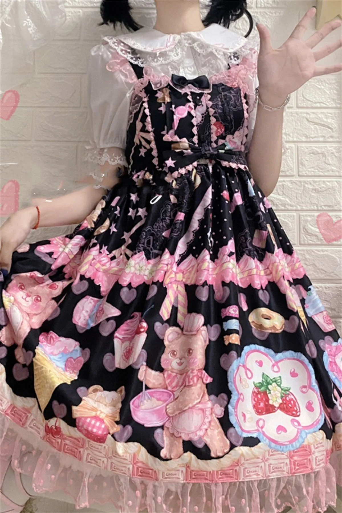 Japanische süße Art kawaii loli lolita jsk Mädchen cosplay niedlichen Druck Bär Erdbeeren Eis Punkt Spitze Rüschen Kleid