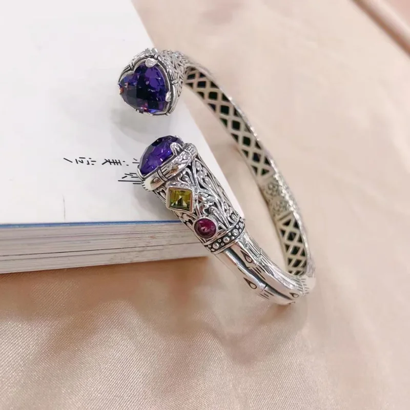 CSJ Vintage Green Quartz Bangle Sterling 925 Thai Silver Amethyst Crystal Gemstone Bracelet for Women Birthday Jewelry Gift