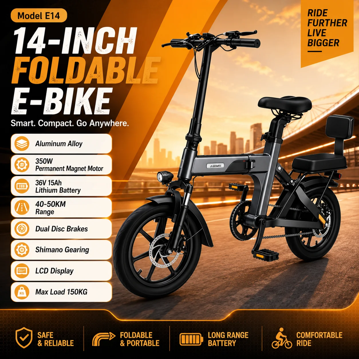 

E14 E-Bike 350W Foldable Electric Bike for Adults 14 Inch Puncture Resistant Tires 36V 15Ah Battery 40-50KM Pure Electric Range