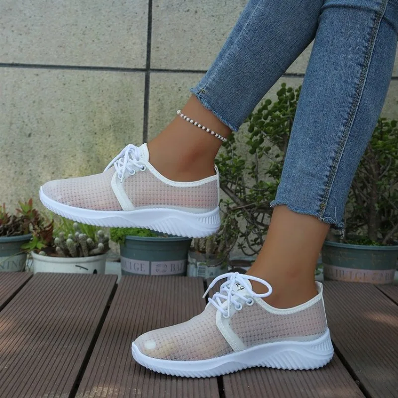Women's Sneakers Round Toe Lace-Up Sheer-Look Upper Casual Low Heel Sporty Silhouette Textured Outsole Leisure Walking Shoes view 2