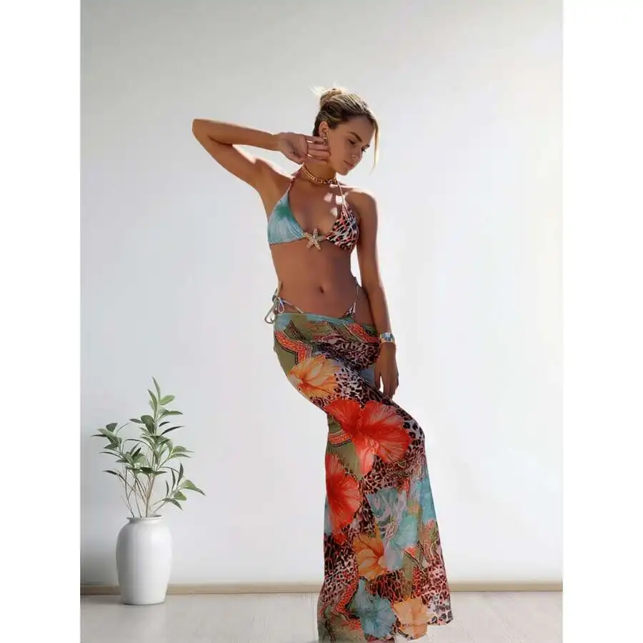 

Womens Floral Print Chiffon Cover Up Dress Halter Tie Backless Swimsuit