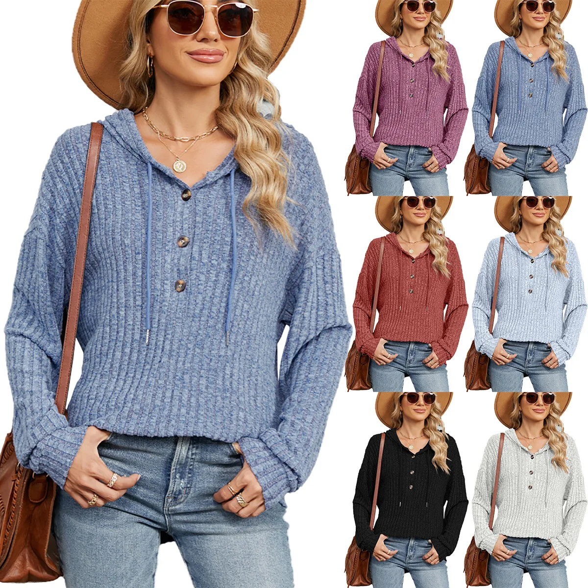 

Women Hooded Knitted Sweatshirt Autumn Solid Color Button Solid Color Loose Long Sleeved Hoodie Female Thin Sweatshirts