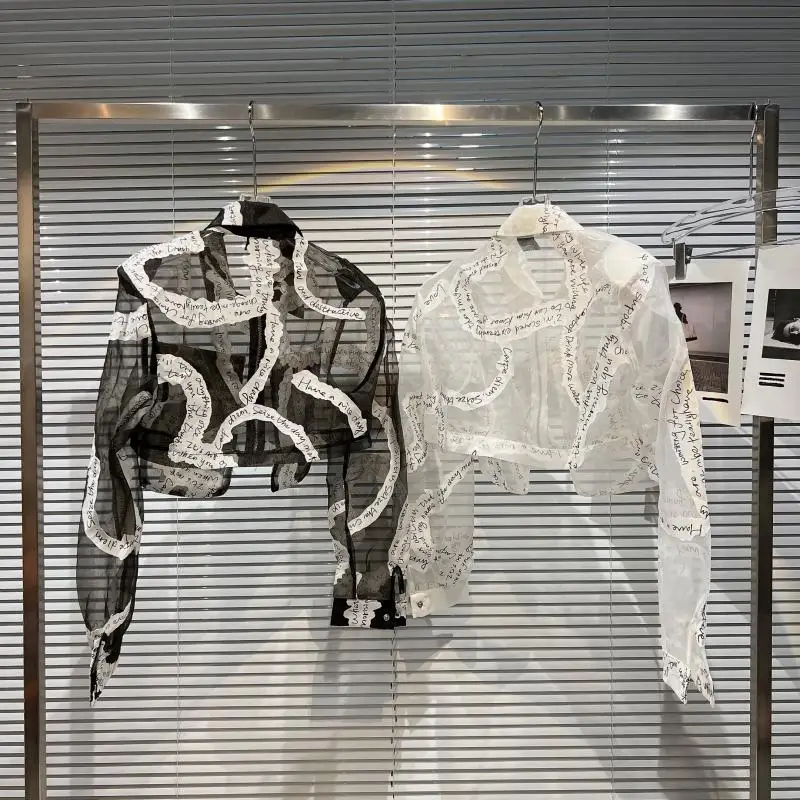 2025 Summer New English Letter Printing Transparent Mesh Sunscreen Shirt Trendy Leisure Unique Design Short Coat Top