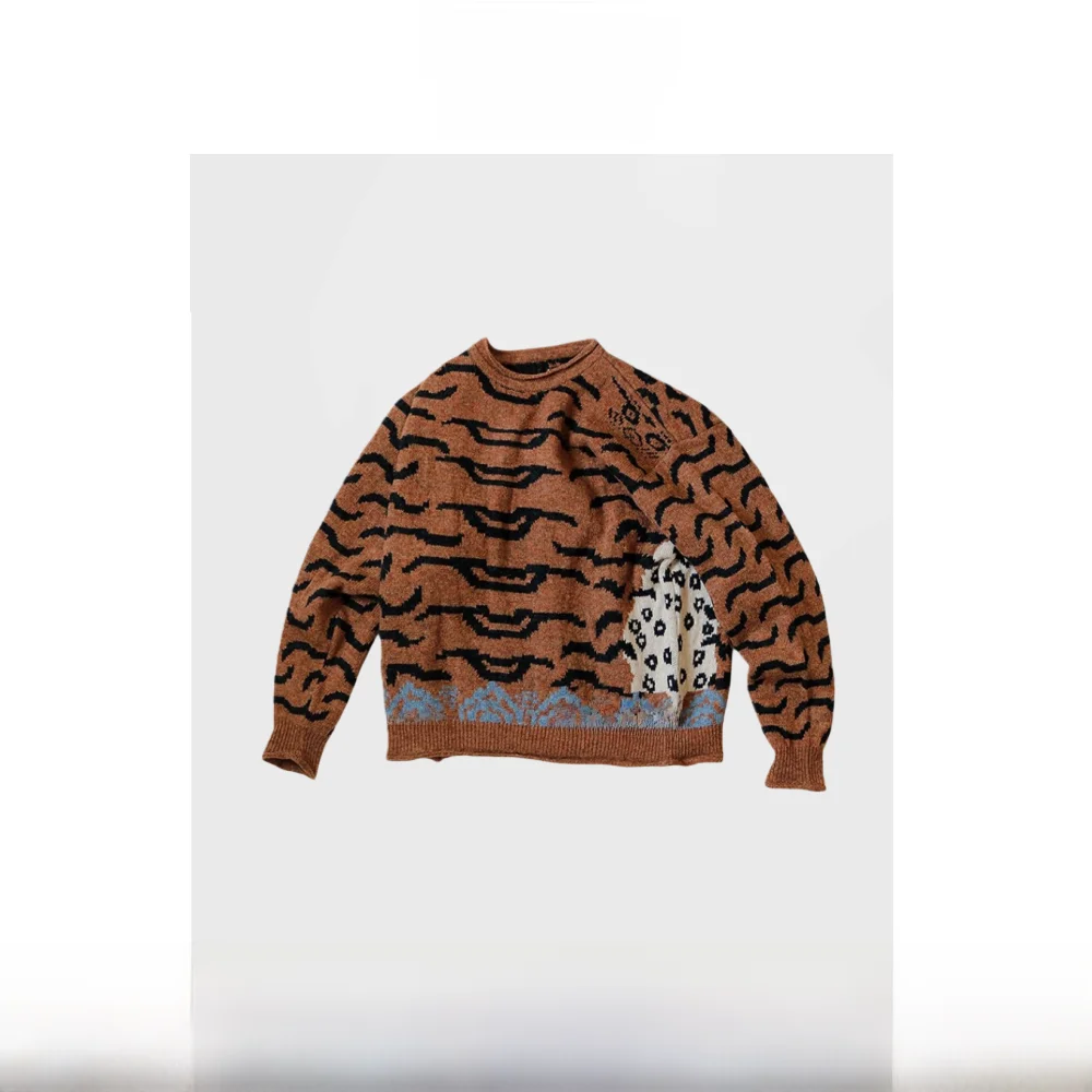 

KAPITAL round Ne Long Sve Patchwork Tiger Print Sweater Warm Loose Fit Winter Faion Casual Youth Sle Big Size Men's Top