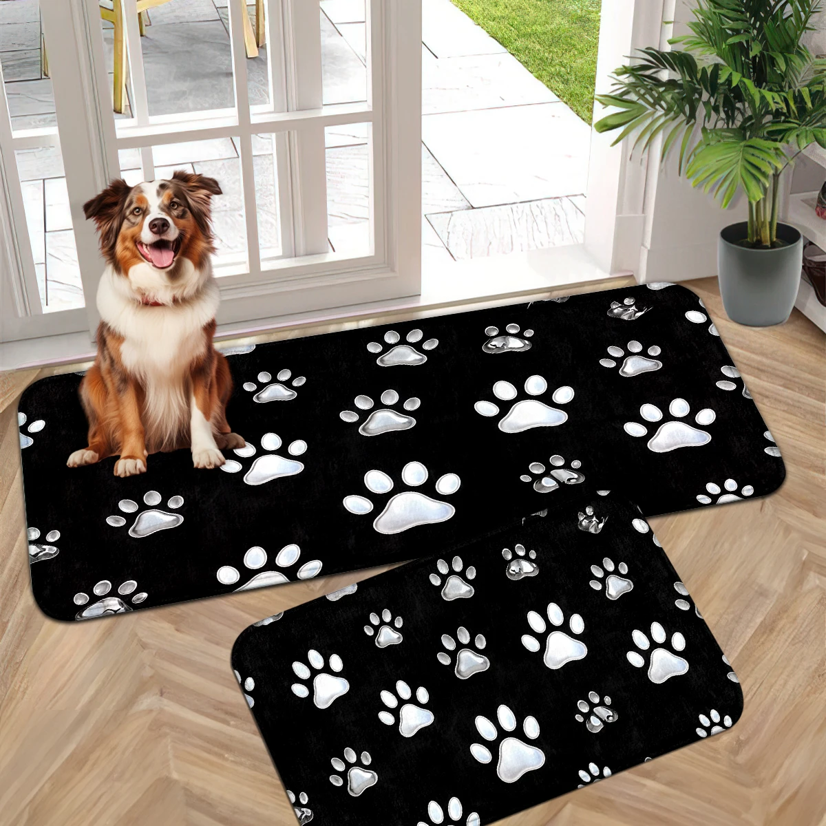 Retro Geometric Mat, Pet Paw Entrance Mat, Blue Floral Rug, Soft Kitchen Mat, Oval Floral Multi-Color Decor Set.