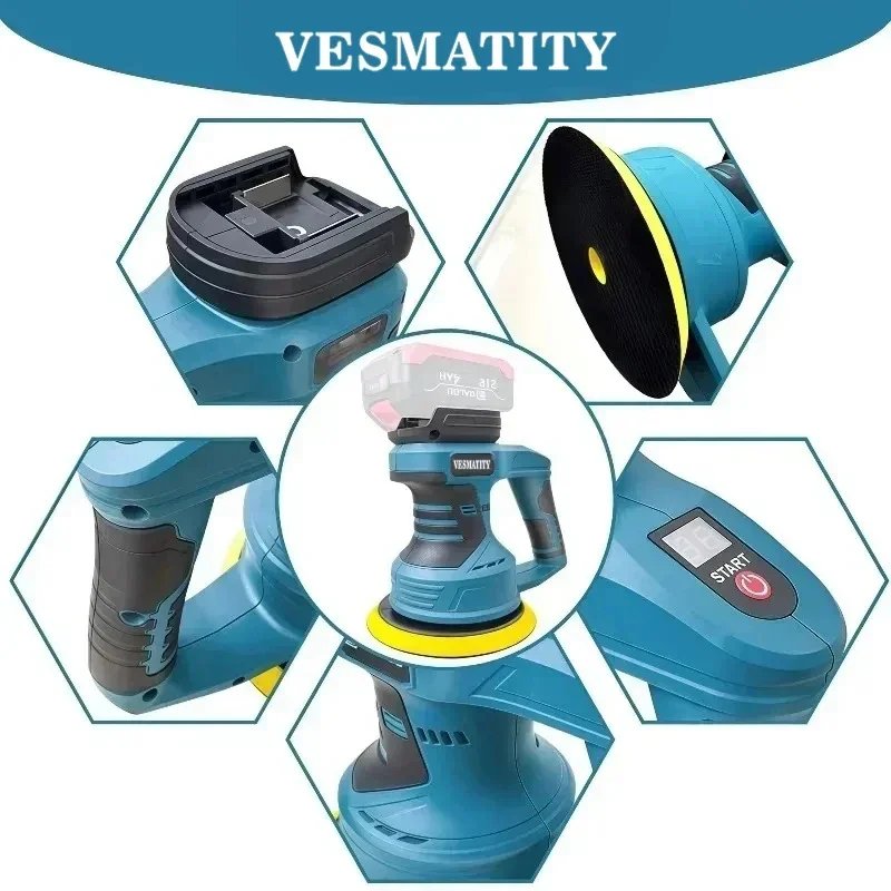 VESMATITY 8 Gears Cordless Polisher Rechargeable Car Buffer Polisher Machine Electric Rotary Tool For Makita 18V 20V Battery Pin - view 4