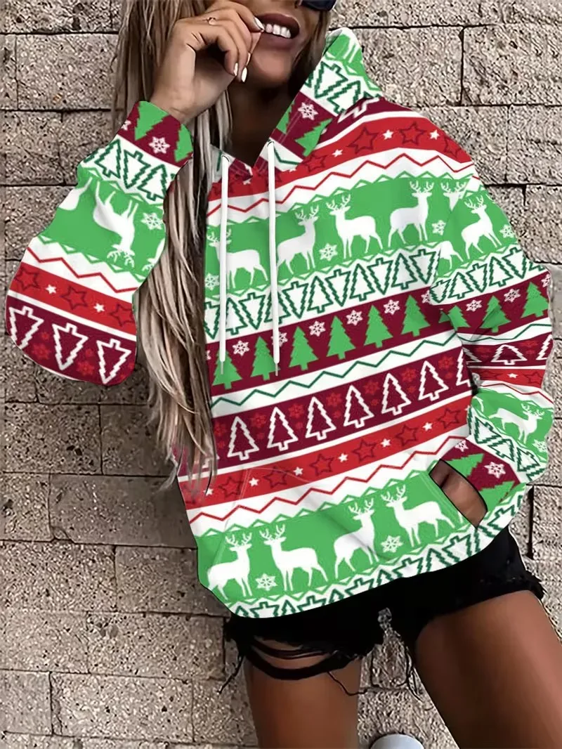 New Women's Christmas Style Hoodie Women's Long Sleeved Hooded Casual Pullover 3D Christmas Element Printed Loose Pullover Tops