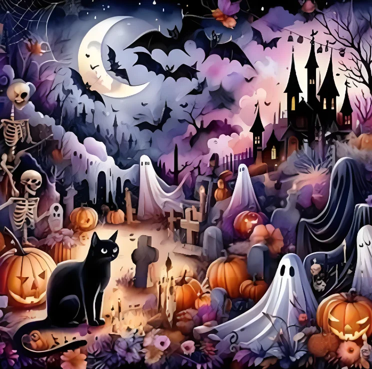 Jigsaw Puzzle 500PCS/1024 PCS Halloween Spooky Graveyard Ghost Pumpkin Bat Moon Night Landscape Assembly Entertainment Gift