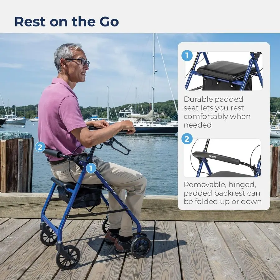 Medical R728BL Foldable Rollator Walker with Seat, Blue