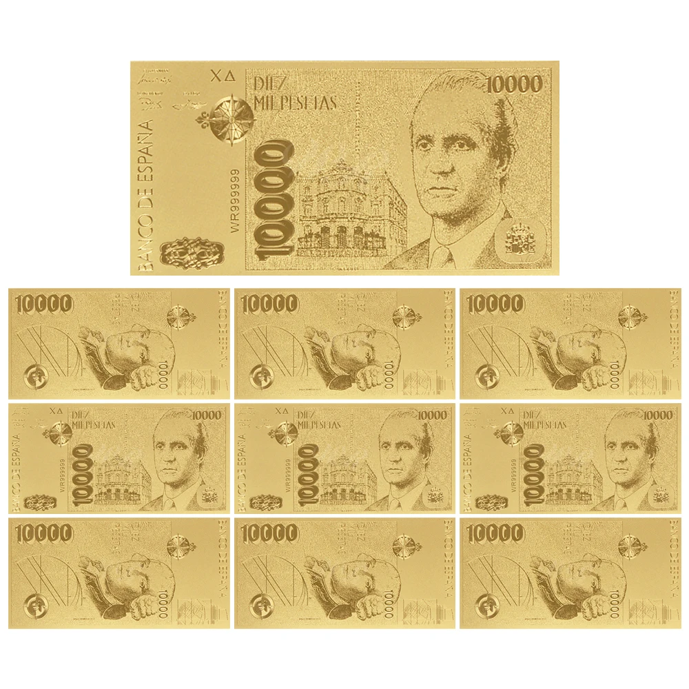 10Pcs/set Gold Plated Banknote Spain 10000 Pesetas Fake Money Commemorative Bank Note Souvenir Business Gift for Collection