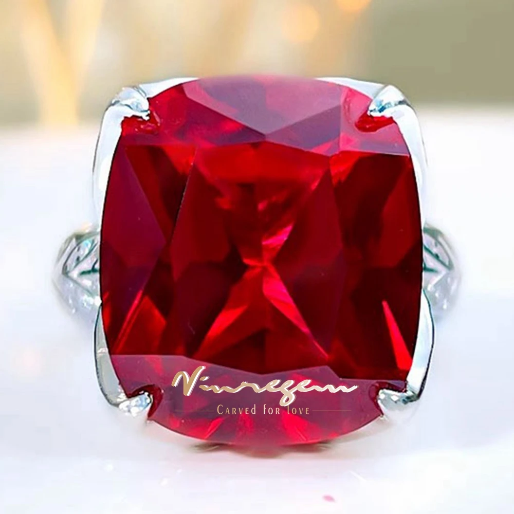 

Vinregem 14*16 MM 16Carat Ruby High Carbon Diamond Gemstone Vintage 100% 925 Sterling Silver Cocktail Party Ring Fine Jewelry