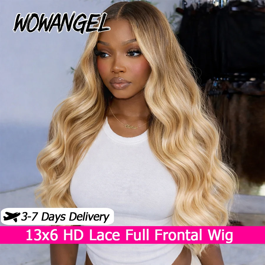 

WOWANGEL Парик Ombre Blonde Body Wave из натуральных волос, 13x6 HD Lace Full Frontal, предварительно снятая линия роста волос, 613 # Цветные парики из натуральных волос для женщин