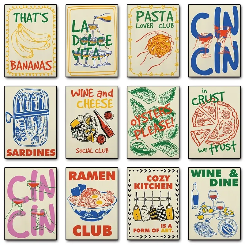 Retro Italian Cocktail Pizza Japanese Ramen Club Wine Cheese Food Poster Print Wall Art Canvas Painting Room Home Decor
