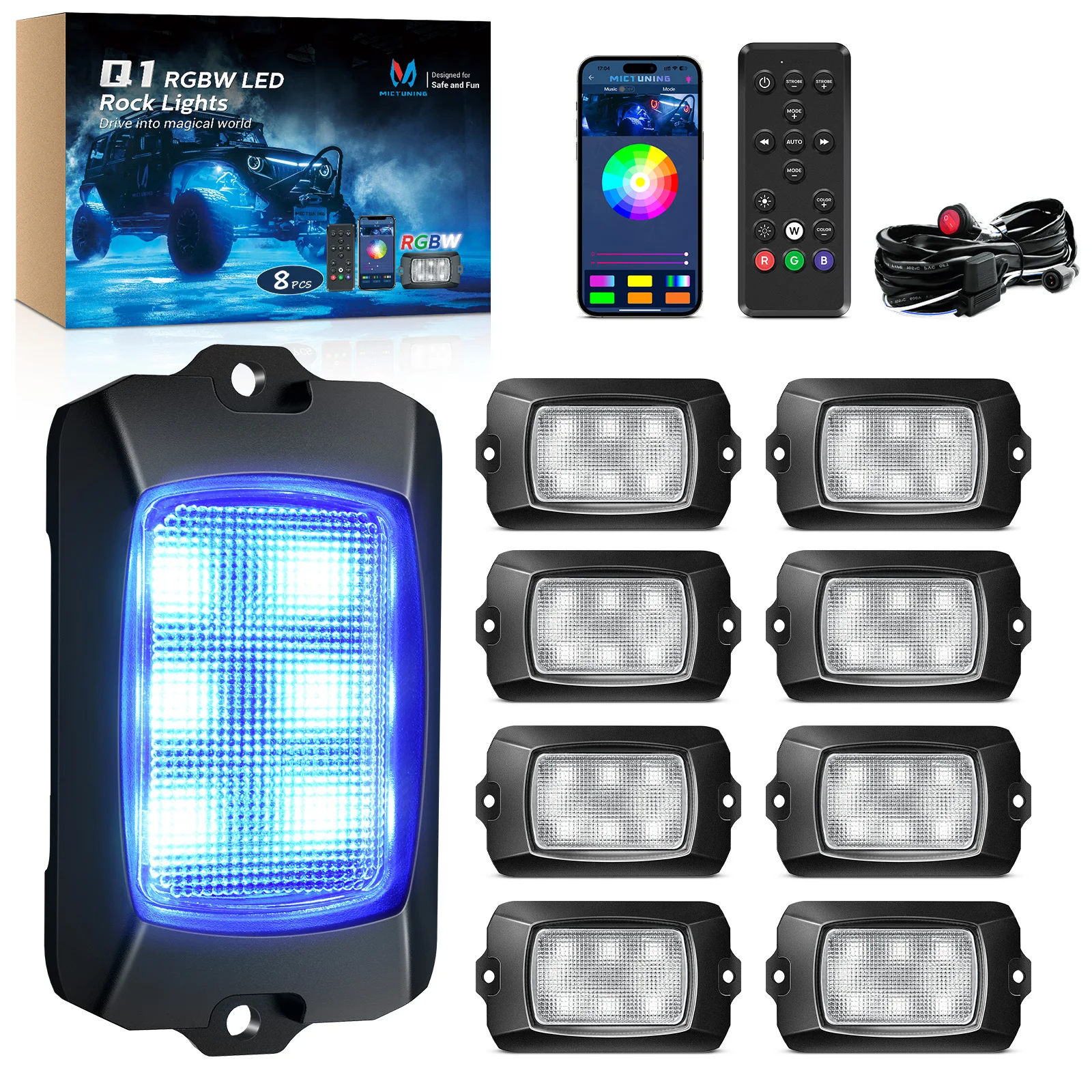 MICTUNING 8Pods RGBW LED Rock Lights Offroad Music Remote Control Underglow Neon Lights with Wiring Switch Kit IP68 Waterproof