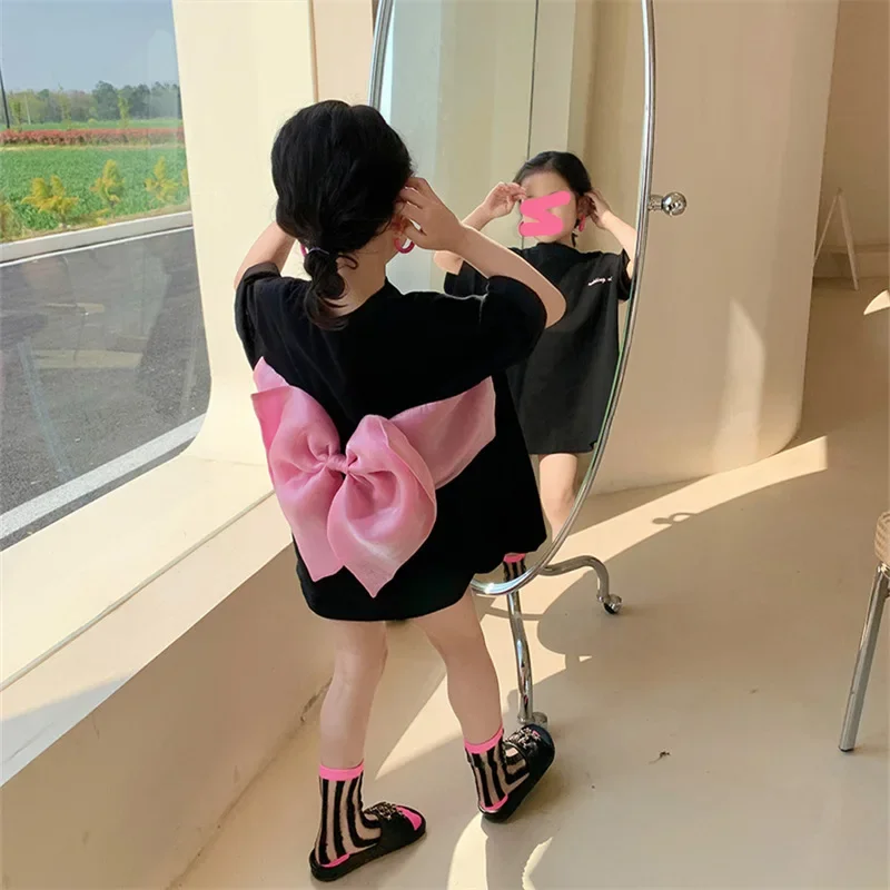 

Girls' Loose Short SleeveTT-shirt Skirt Summer Design Sense Bowknot Dress Baby Straight Skirt