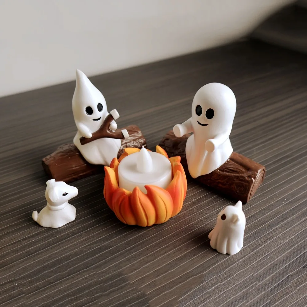 5PCS Resin Halloween Ghost Campfire Dog Cat Statue LED Candle 3D Ghost Bonfire Ornament Set Mini Cartoon