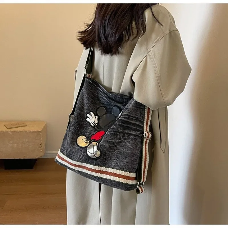 

Disney Mickey Mouse Large Capacity Denim Shoulder Bag Washed Cartoon Embroidery Student Class Messenger Cross Body Bag Backpack