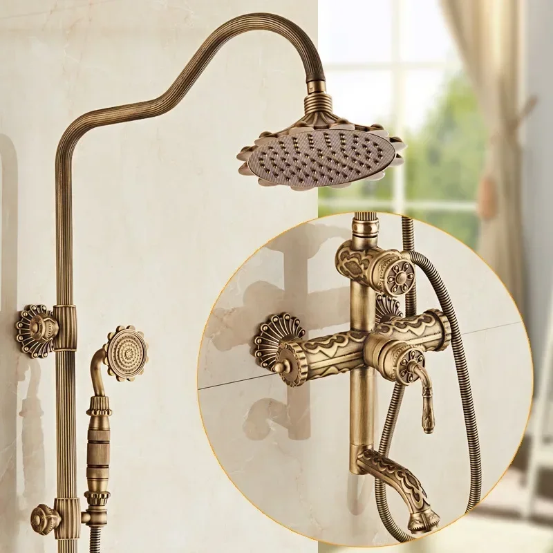 All-copper European retro carved shower set, hot and cold faucet shower, water mixing valve can be rotated and lifted