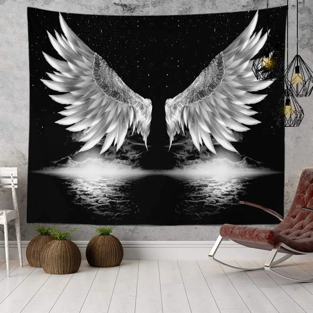 Black and white angel wings art pattern tapestry home bedroom living room dormitory wall decoration background cloth