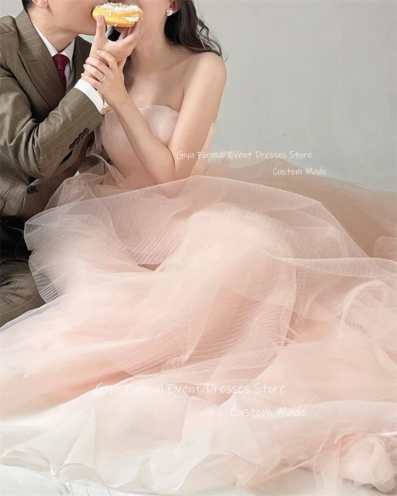 Giyu Simple Blush Pink Tulle Wedding Dresses Korea Photoshoot Strapless Pleats Bride Dress Formal Paryt Gowns Corset Back