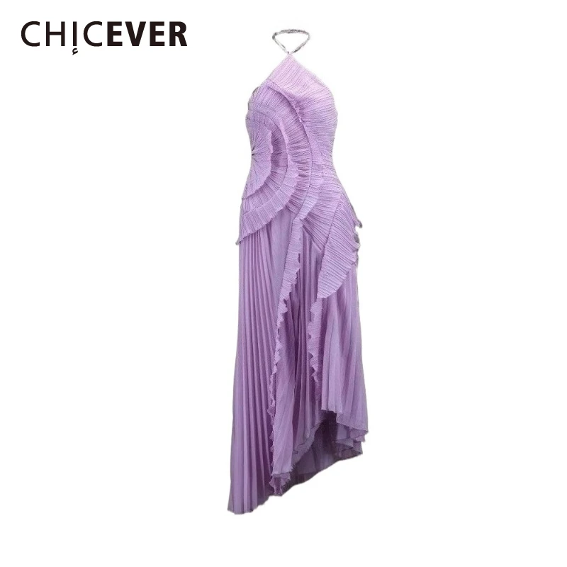CHICEVER Solid Party Spliced Ruffles Dress for Women Halter Sleeveless High Waist Temperament Pleated Dresses Female Summer New