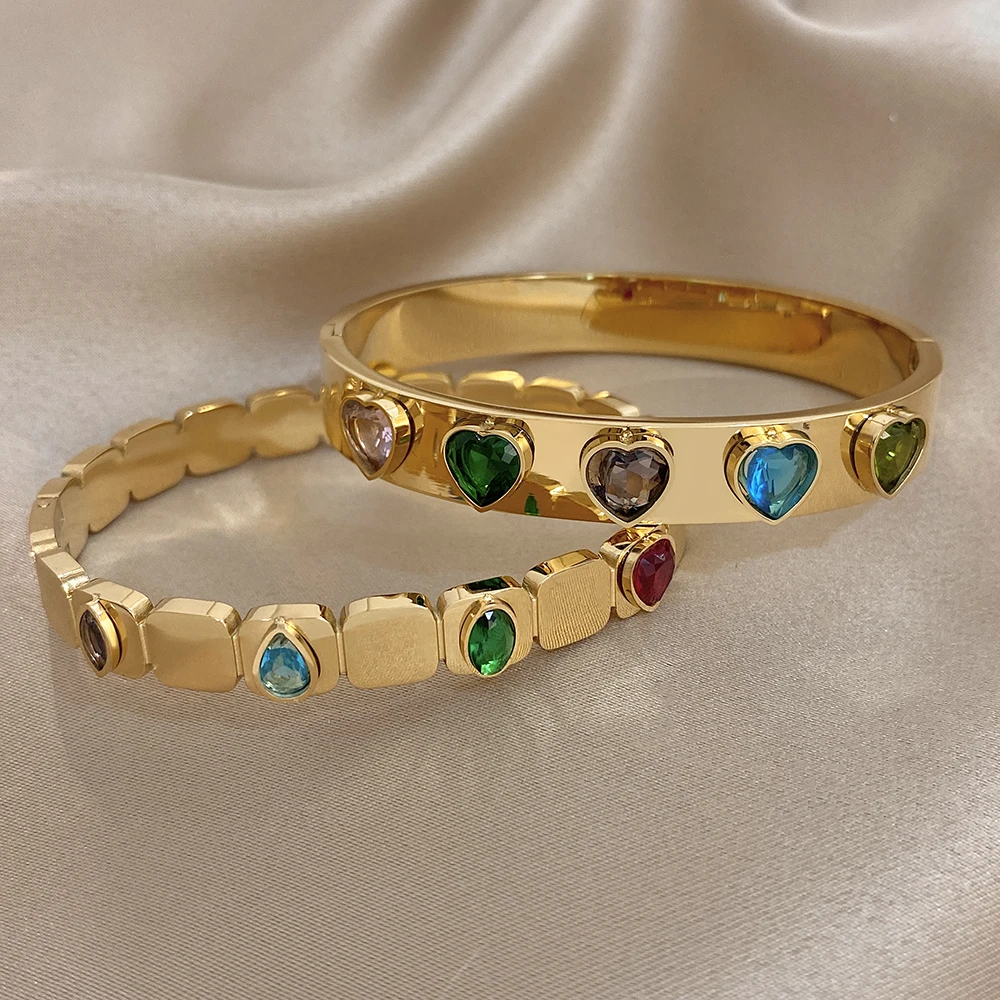 Greatera الملونة الهندسة حجر الراين مطعمة على شكل قلب الفولاذ المقاوم للصدأ سوار مطلي الذهب الفاخرة الكفة الإسورة مجوهرات هدايا