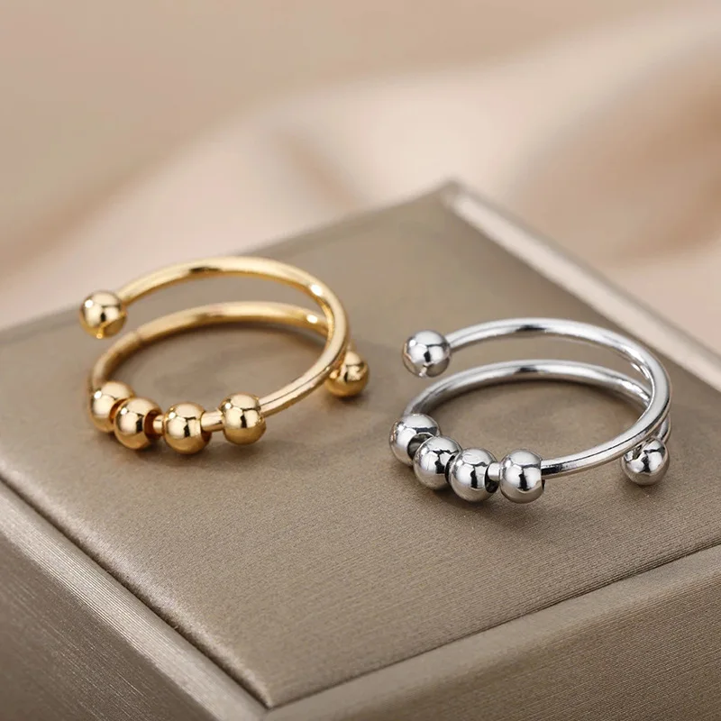 Fashion Anxiety Fidget Rings Adjustable Stainless Steel Tarnish Free Silver 18K Gold Color Rotatable Beads Women Jewelry