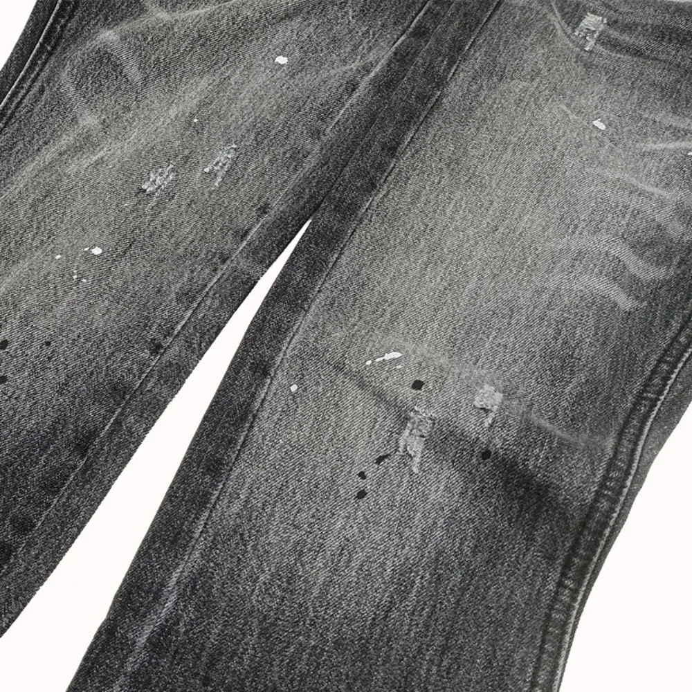 High Street Jeanshose für Herren, gebogenes Messer, gewaschen, schwarz, grau, Mikro-Trompetenform, spritzwasserte Tinte, Streetwear, lässige Jeanshose