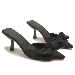 New Style Butterfly-knot Mules Women Slippers Elegant Pointed Toe Thin High Heels Ladies Summer Fashion Party Prom Shoes