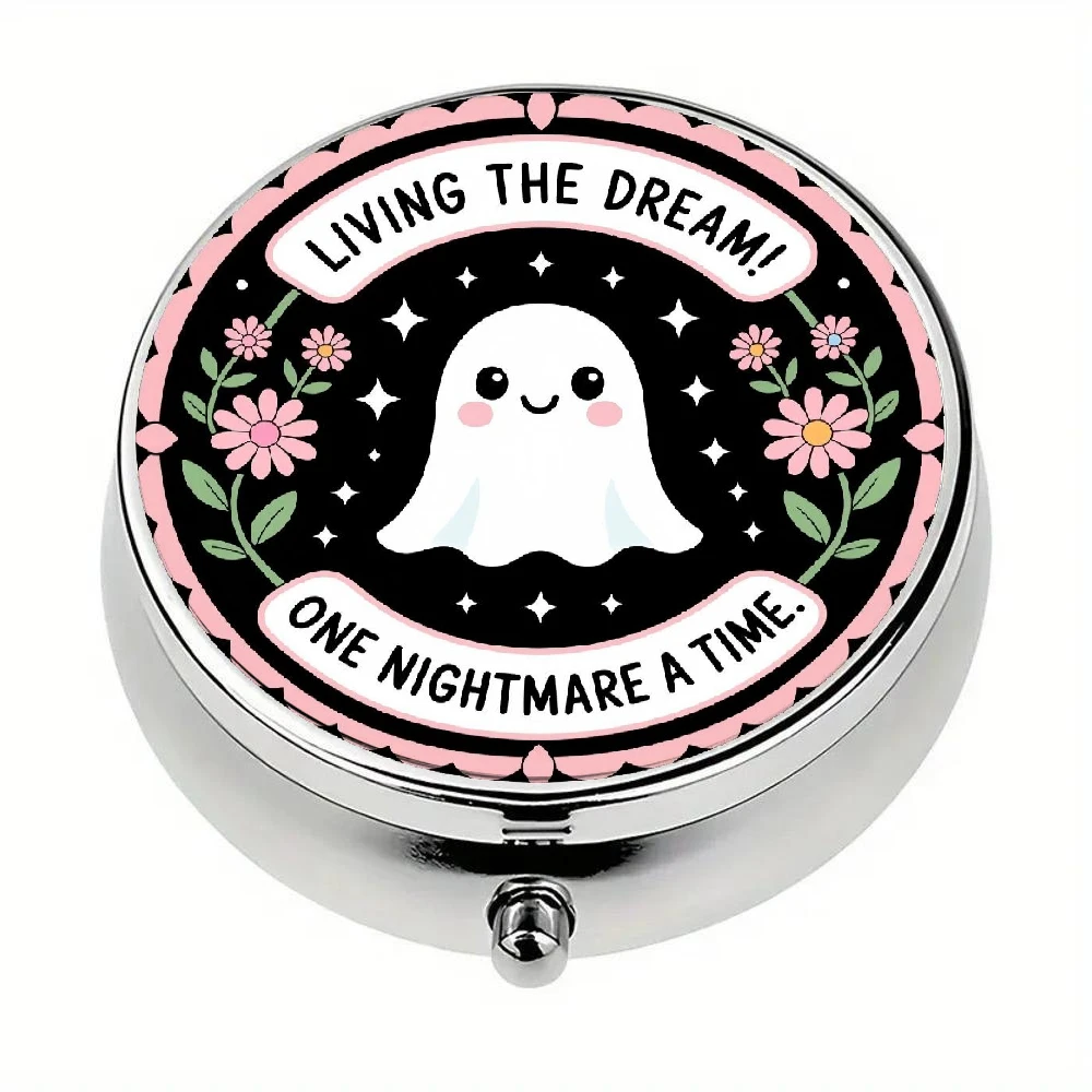 White Pill Box with a Cute Ghost Design, Decorated with Flowers and Stars, Symbolizing the Fulfillment of Dreams and Nightmares, 3 Compartments, Portable Medicine Organizer, Made from Food-Grade Safe Materials, Can Be Placed in a Wallet or Pocket, Ideal for Home and Travel.
