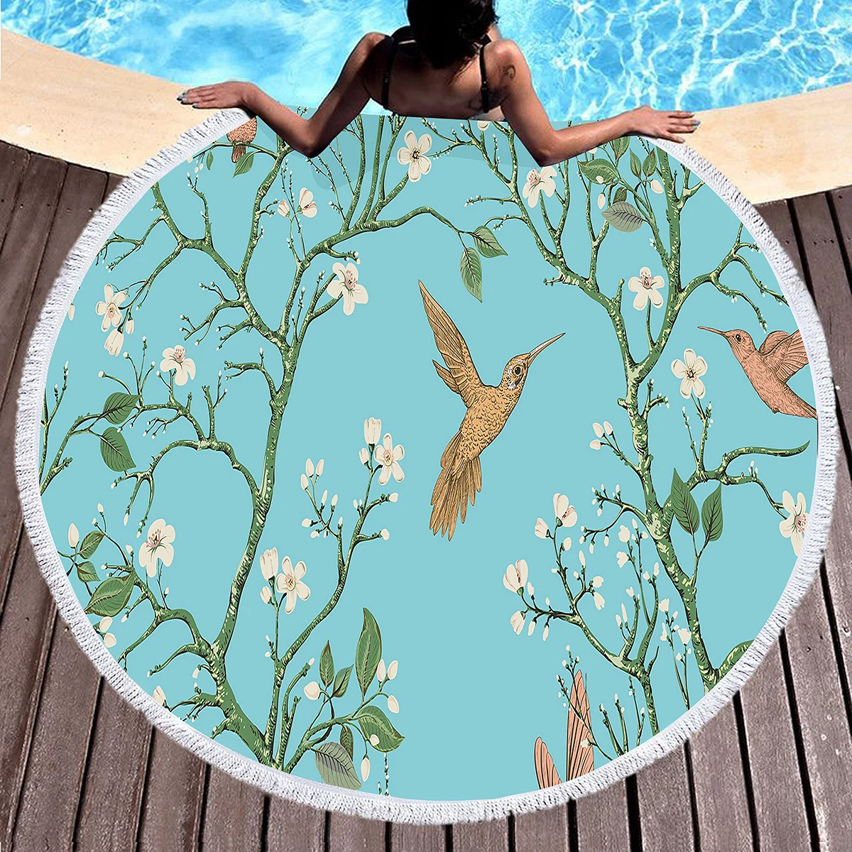 Bird Flower Print Round Beach Towel Microfiber Circle Bath Towels Quick Dry Absorbent Pool Towels Sand Free Shawl Beach Blanket
