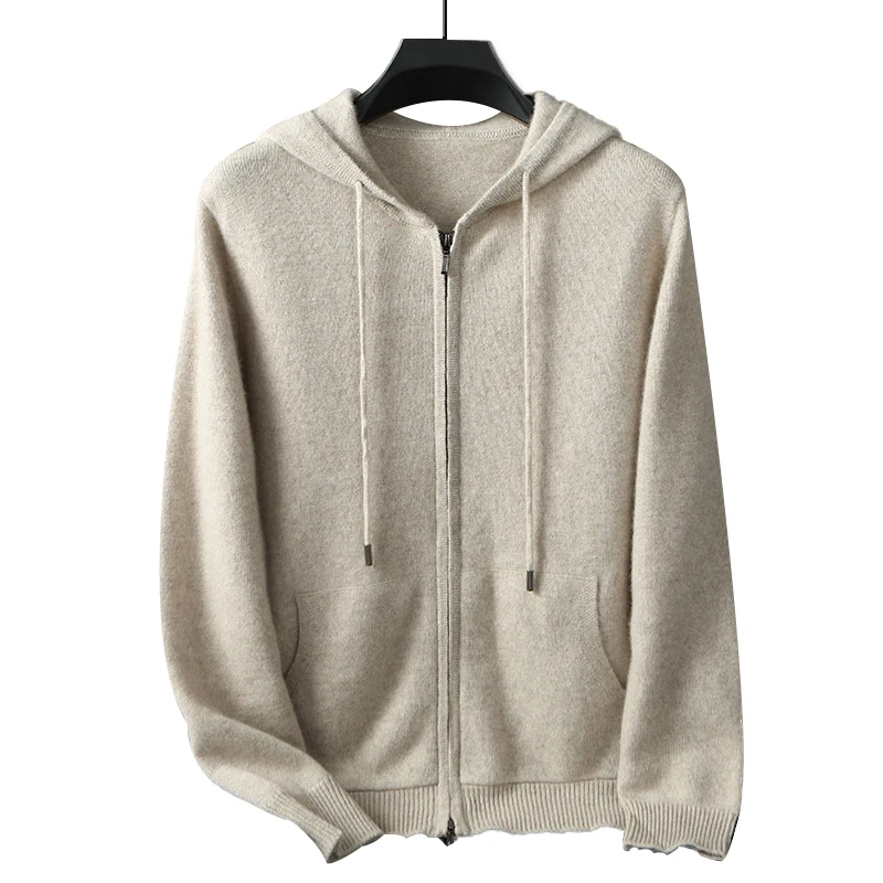 New Youth Casual 100% Pure Cashmere Men's Fashion Hooded Sweatshirt Loose Knitted Cardigan Sports Cashmere Top Jacket