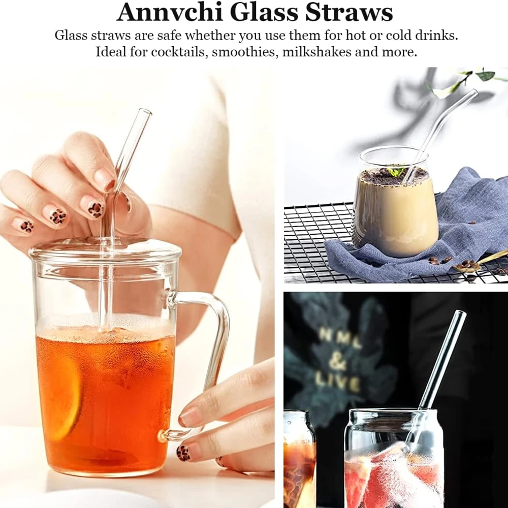 Reusable Glass Straws Shatter Resistant, Drinking Smoothie Straw with Cleaning Brush for Stanley Cup Juice Cocktail, 200*8mm 6pc