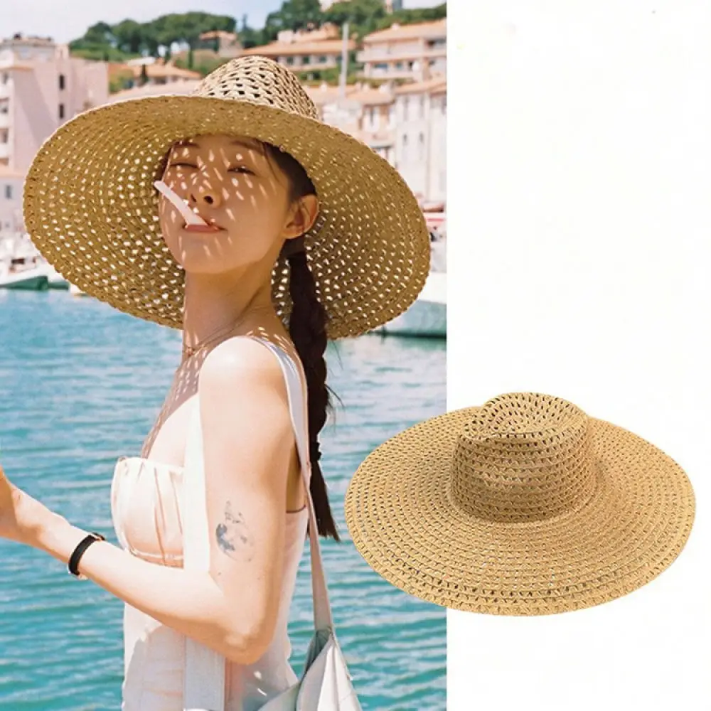 Summer Beach Straw Hat Wide Brim Women Hollow Out Sun Protection Fedora British Vintage Style Foldable Travel Cap